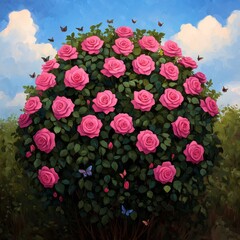 A vibrant pink rose bush with numerous blossoms and butterflies against a blue sky.