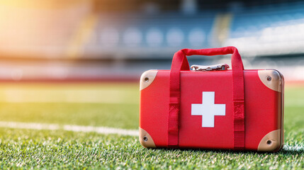 Professional First Aid Kit on Football Field at Dawn