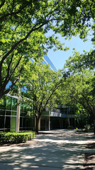 Fototapeta premium Sustainable green building. Eco-friendly building. Sustainable glass office building with tree for reducing carbon dioxide. Office with green environment. Corporate building reduce CO2. Safety glass. 