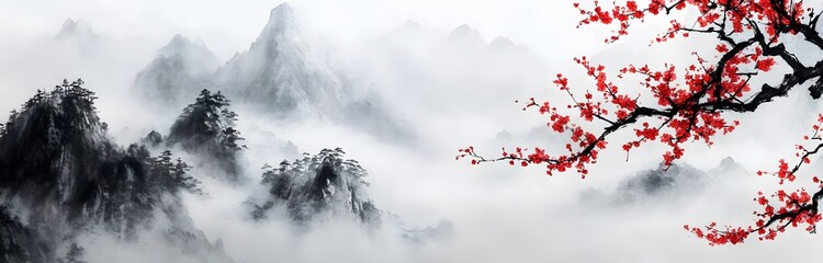 White background, white fog and mist, mountains in the distance, trees on top of the mountain, red plum blossoms blooming