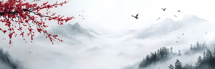 White background, white fog and mist, mountains in the distance, trees on top of the mountain, red plum blossoms blooming