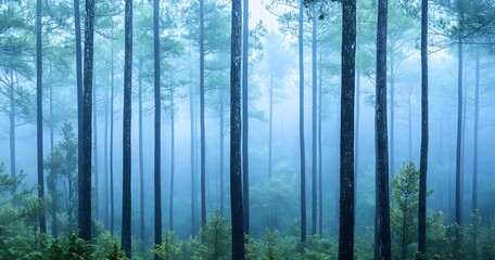 Fototapeta premium pine forest with tall trees, against the backdrop of a foggy, misty morning light