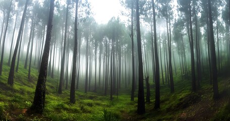 pine forest with tall trees,  against the backdrop of a foggy, misty morning light