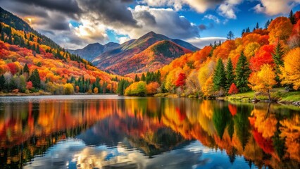 Fototapeta premium Stunning Fall Colors Reflected in Serene Lake Surrounded by Forested Mountains - Nature's Beauty in Autumn Landscape Photography