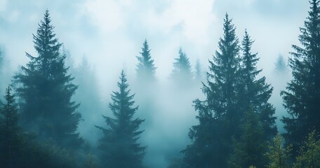 Fototapeta premium pine forest with tall trees, against the backdrop of a foggy, misty morning light