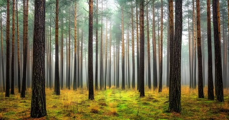 Obraz premium pine forest with tall trees, against the backdrop of a foggy, misty morning light