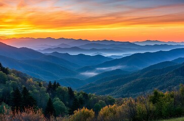 Fototapeta premium panoramic view of the majestic mountains under an orange and blue sky