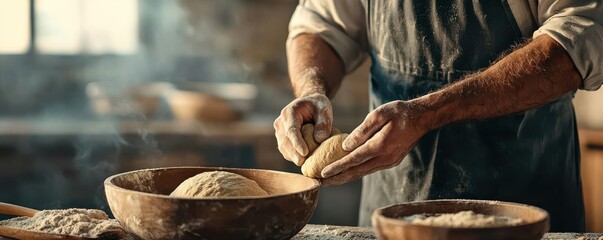 Artistic view of a man baking fresh bread, with dough rising in a bowl beside him, Man baking bread, Warm and comforting