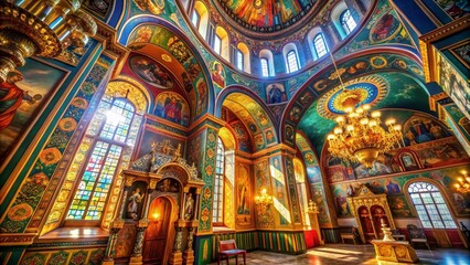 Obraz premium Stunning Macro Photography of Orthodox Temple Interior with Sunlight Streaming Through Elaborate Windows, Capturing Sacred Architecture and Spiritual Atmosphere