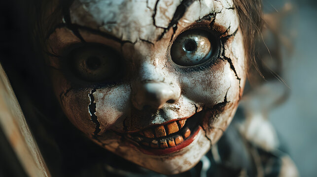A possessed doll look with cracked face and eerie smile.