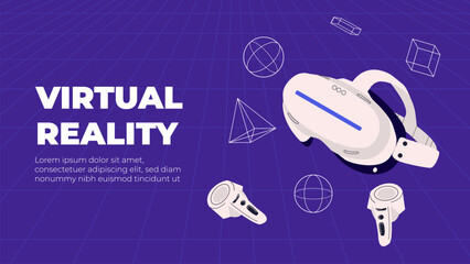 Metaverse entertainment. Flat vector illustration virtual reality glasses and VR headsets interacting and exploring a virtual world. Concept of future innovations. Invitation, flyer, banner, brochure 