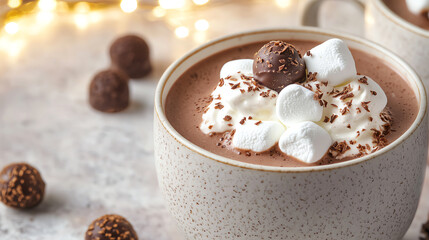 A festive scene with hot chocolate topped with whipped cream and marshmallows chocolate truffles on the side cozy and indulgent treat soft evening glow close-up