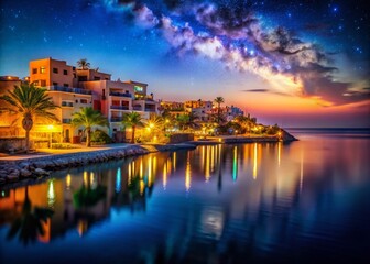 Fototapeta premium Stunning Nighttime Architectural Photography of the Red Sea in the Middle East with Starry Skies, Illuminated Structures, and Vibrant Reflections on Water