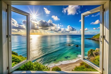 Stunning Ocean View Through Open Window - Drone Photography of Coastal Serenity, Breathtaking Seascape, Relaxing Beach Vibes, Aerial Coastal Landscape, Tranquil Ocean Waves and Scenic Horizon