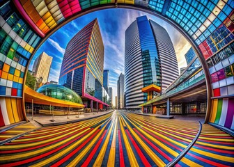 Stunning Panoramic View of Circle Line Stripes in Urban Landscape - Modern Design, Abstract Patterns, Colorful Geometric Lines, Urban Art, Creative Photography, Contemporary Aesthetics