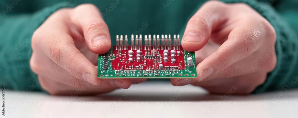 Poster closeup of a student s hands holding a circuit board while assembling a diy electronics kit, buildin