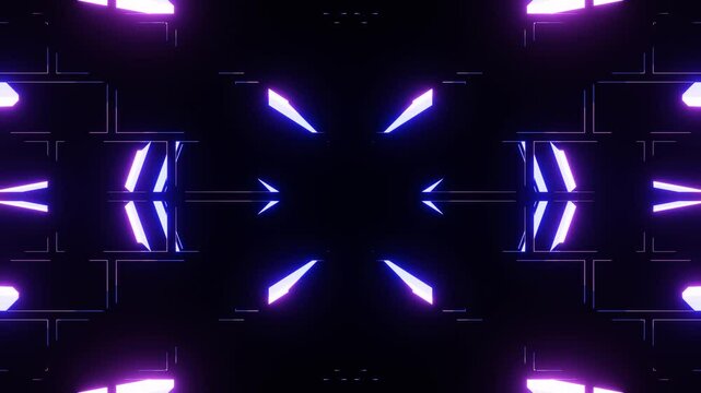 Purple and blue neon lights are moving and creating different symmetrical patterns on a black background. This vj loop animation is perfect for music videos, live events, and more