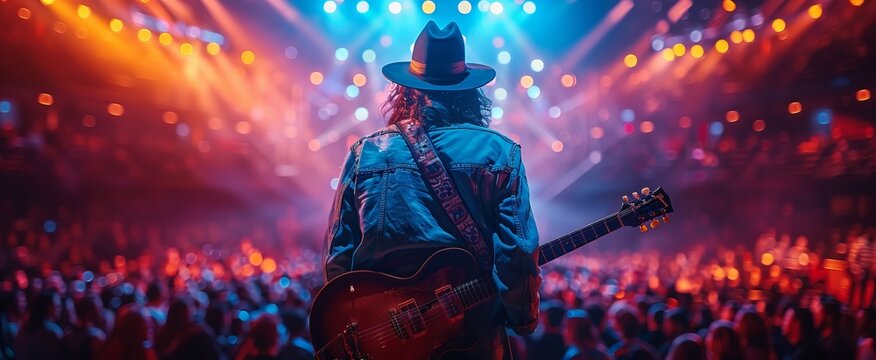 A guitarist captivates the audience with a thrilling performance under dazzling lights, creating an electrifying atmosphere at night