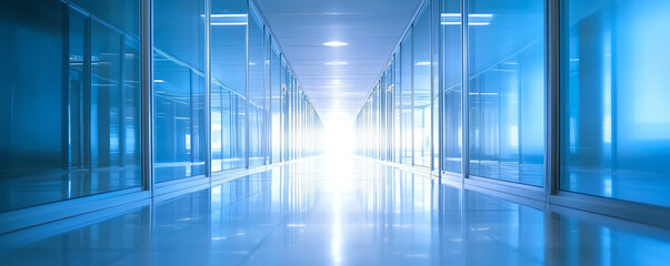 Modern glass-walled corridor with reflections casting a cool blue glow