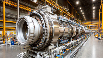 Row of advanced turbines and generators in a power plant sleek metallic design and complex wiring cool industrial lighting wide-angle shot showcasing modern power technology
