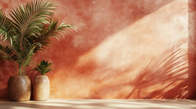 Warm terracotta wall with palm shadows on an empty product stand, ideal for luxury or natural product presentations