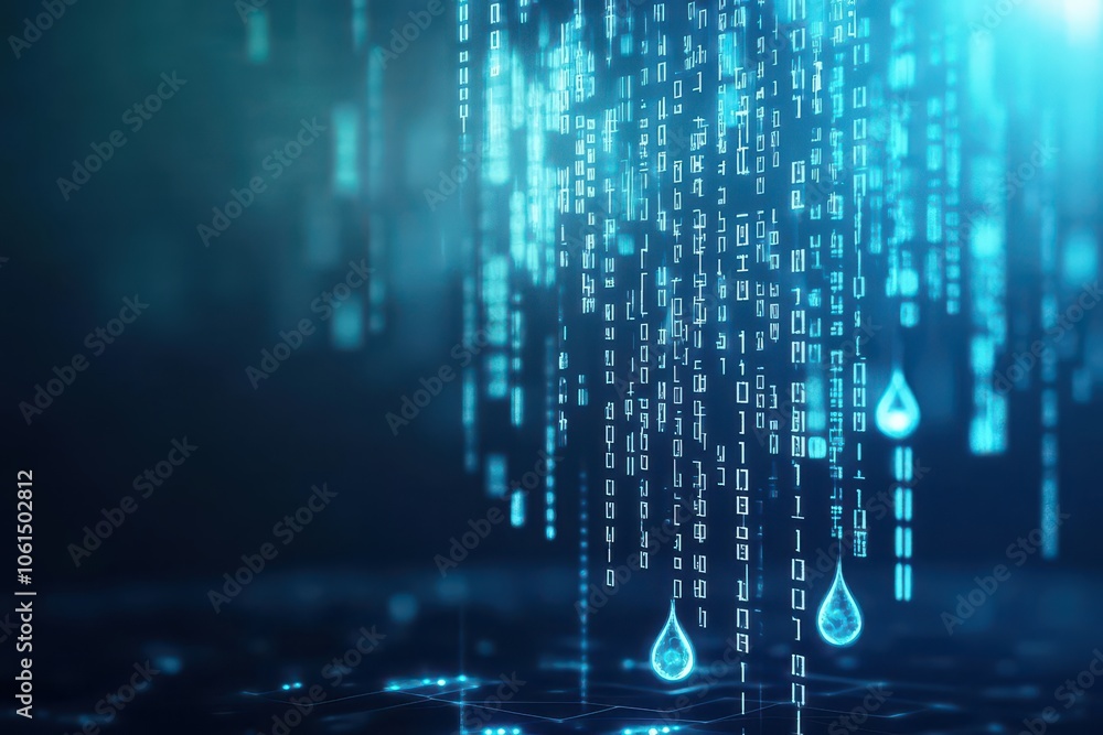 Poster digital raindrop, cascading binary code, cyberpunk blue, intense glow, dark tech ambiance