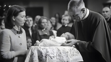 A priest blessing a newborn baby during a Christmas morning service as the congregation watches.