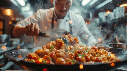 A chef skillfully tosses colorful ingredients in a hot pan, creating a delicious stir-fry with steam rising in a bustling kitchen
