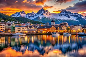 Fototapeta premium Stunning Ushuaia Waterfront Cityscape at Dusk, Capturing the Vibrant Colors of Argentina's Southernmost City with Majestic Mountains in the Background and Reflections on the Water