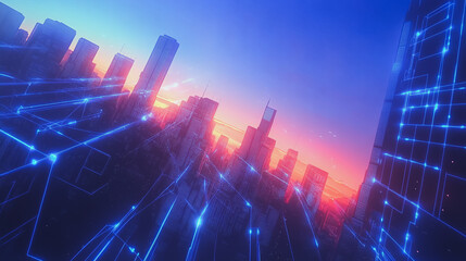 Fototapeta premium Smart digital city with connection cyber security network reciprocity over the cityscape . future smart wireless digital city and social media networking systems that connects people within the city