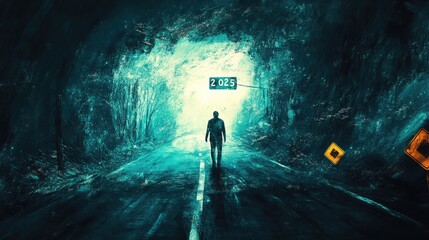 Individual Walking on a Dimly Lit Path