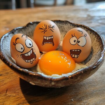 A cracked egg with funny faces drawn on it.