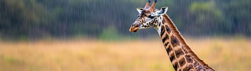Obraz premium Giraffe standing under a rainy savanna sky, subtle drops blending into golden, green hues of tall grass