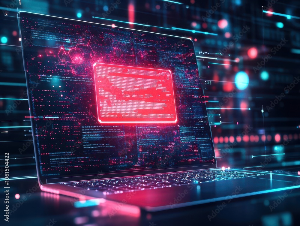 Aufkleber laptop displaying a data breach warning, red background glow, dark tones, futuristic cybersecurity t
