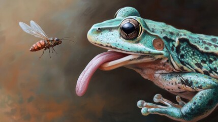 Naklejka premium Close-Up of a Vibrant Green Frog with Extended Tongue