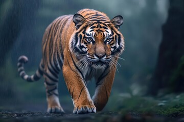 Fototapeta premium Majestic tiger walking gracefully under soft rain, droplets glistening on its fur, surrounded by lush, misty jungle