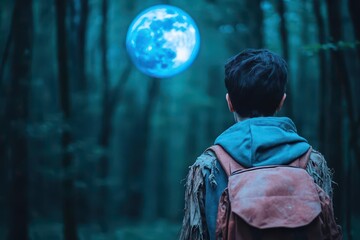 Fototapeta premium Midnight forest chase figure in tattered clothes frantic glance over shoulder eerie full moon casts blue hue lowangle captures movement through dense shadows