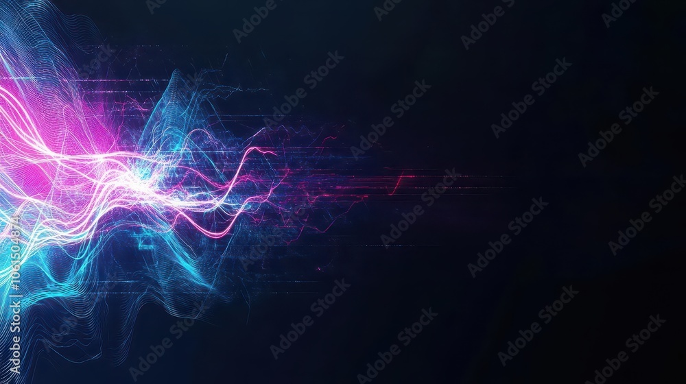 Aufkleber neon electric wave, dynamic flowing lines creating intense energy against black, abstract yet realis