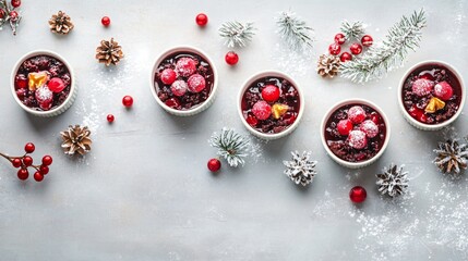 Individual Christmas puddings in ramekins, isolated on a soft silver background with festive...