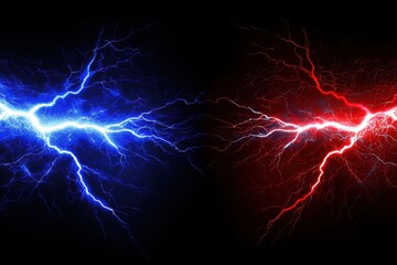 The image features dynamic blue and red lightning bolts against a dark background, symbolizing energy and contrast.