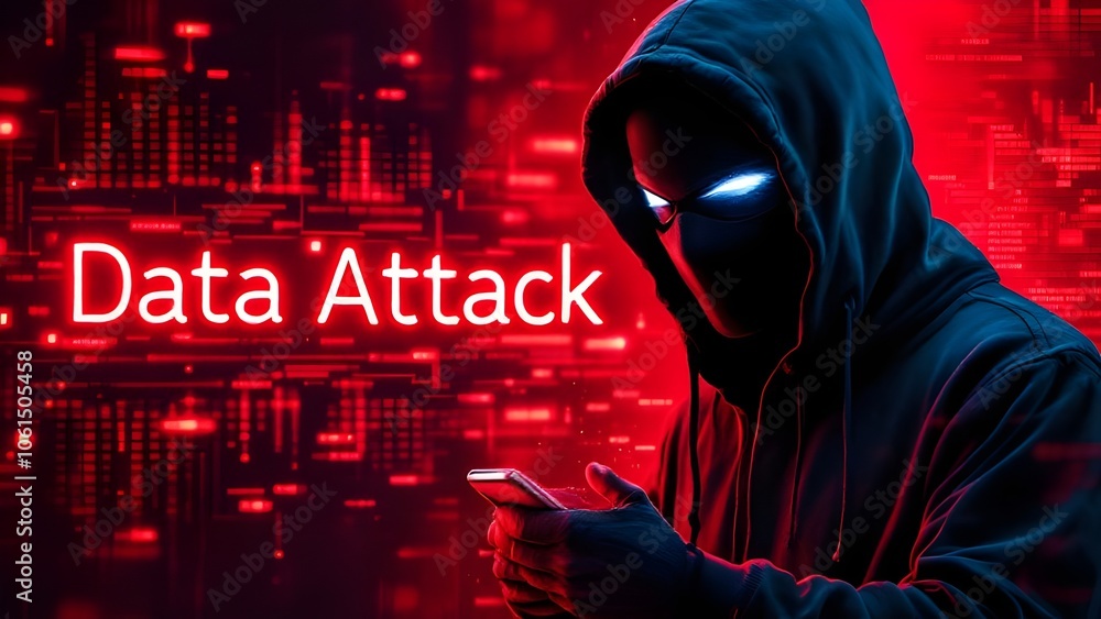 Aufkleber cyber criminal with data attack text - digital security threat and hacking concept illustration