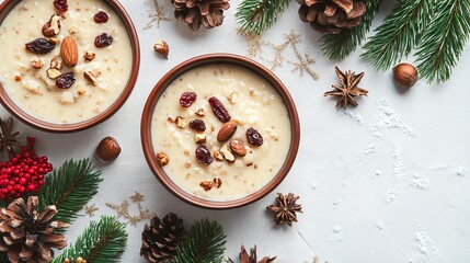 Obraz premium Pudding with dried fruit and nuts, isolated on a soft linen background with festive garlands and snowflakes