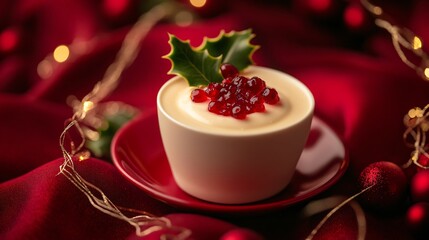 Pudding with holly and candied fruit, isolated on a deep cranberry background with delicate festive ribbons
