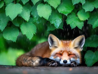 Obraz premium Sleepy fox resting under the shelter of broad leaves, rain softly falling, deep greens and warm orange tones blending