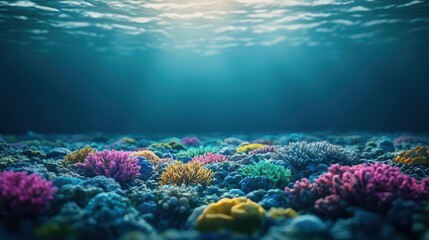 Fototapeta premium Underwater coral reef affected by pollution, dark and moody lighting, hyperrealistic, emphasizing environmental impact on marine life