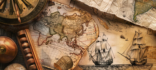 A vibrant marketing flyer showcasing columbus day themes with images of historic ships and ancient maps, promoting travel deals. the design is bold, adventurous