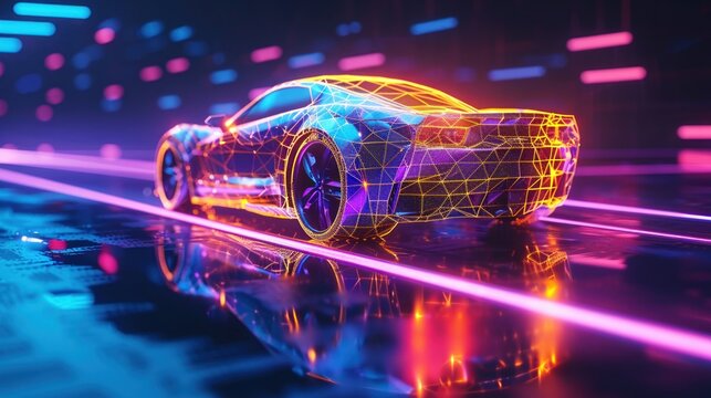 Car covered by a digital protective net neon lights