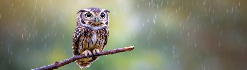 Obraz premium Wise owl perched on a branch, rain gently falling around, feathers capturing the glow of a damp, soft night