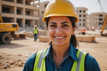 Close portrait of a smiling 40s Jordanian woman construction worker looking at the camera, Jordanian outdoors construction site blurred background