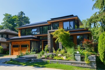 Fototapeta premium Contemporary autonomous suburban house featuring solar panels, smart home systems, and a landscaped yard. the elegant design combines modern architecture with energy efficiency in a green setting.